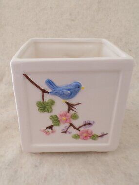 LBK Planter Pottery Bisque Birds and Flowers 4 Sided Square 3D